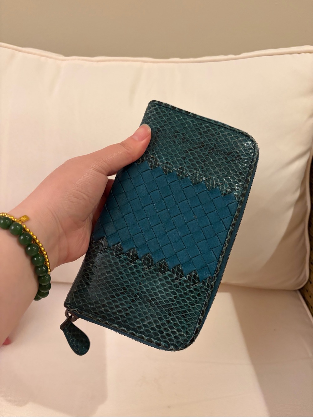 100% authentic Bottega Veneta Teal Woven and Snakeskin Zip Wallet